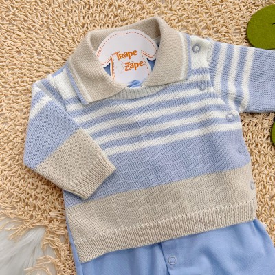 Macacão Beth Bebê de malha com tricot Listras com Gola Polo - Azul Bebê